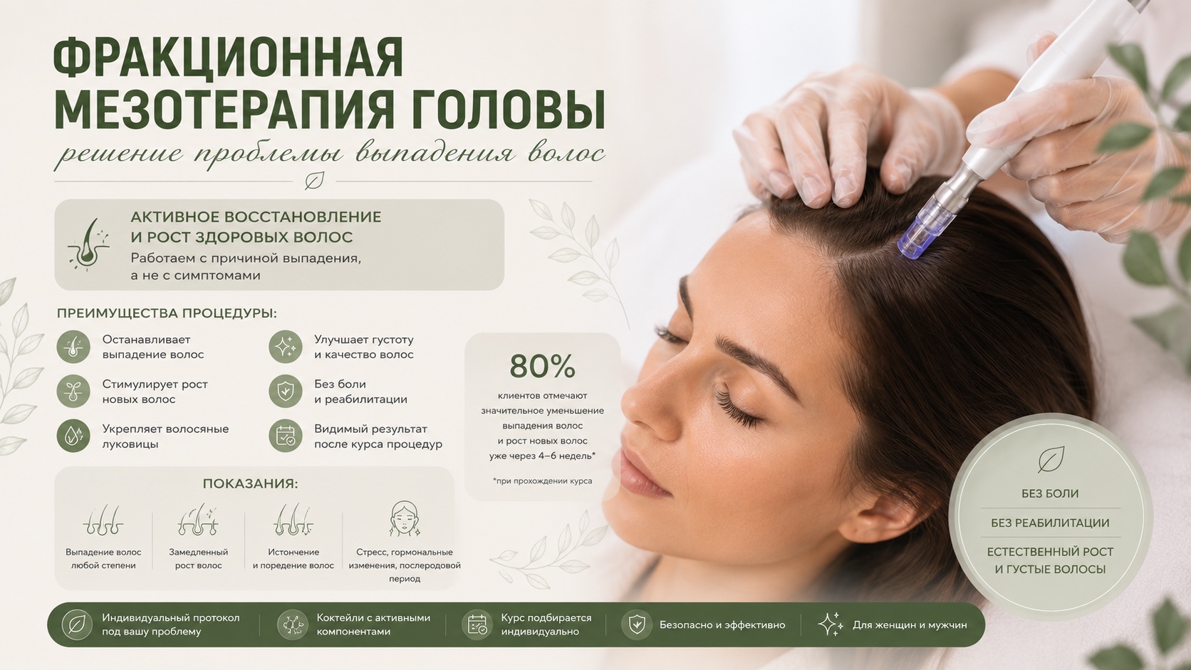 Фракционная мезотерапия головы в косметологическом кабинете